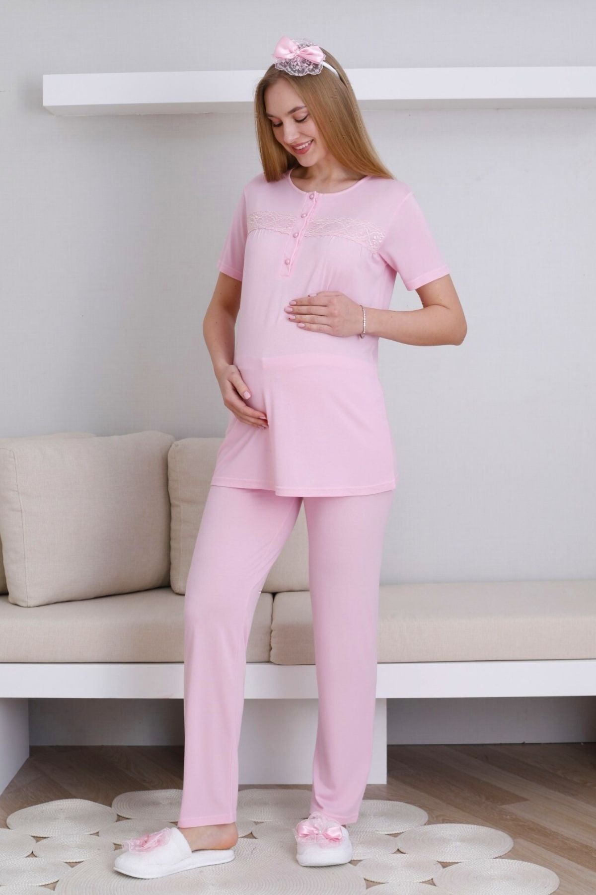 Lace Detailed 3-Piece Maternity-Nursing Pajama & Robe Set Pink - 3439