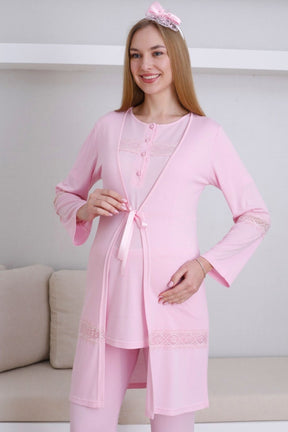 Lace Detailed 3-Piece Maternity-Nursing Pajama & Robe Set Pink - 3439