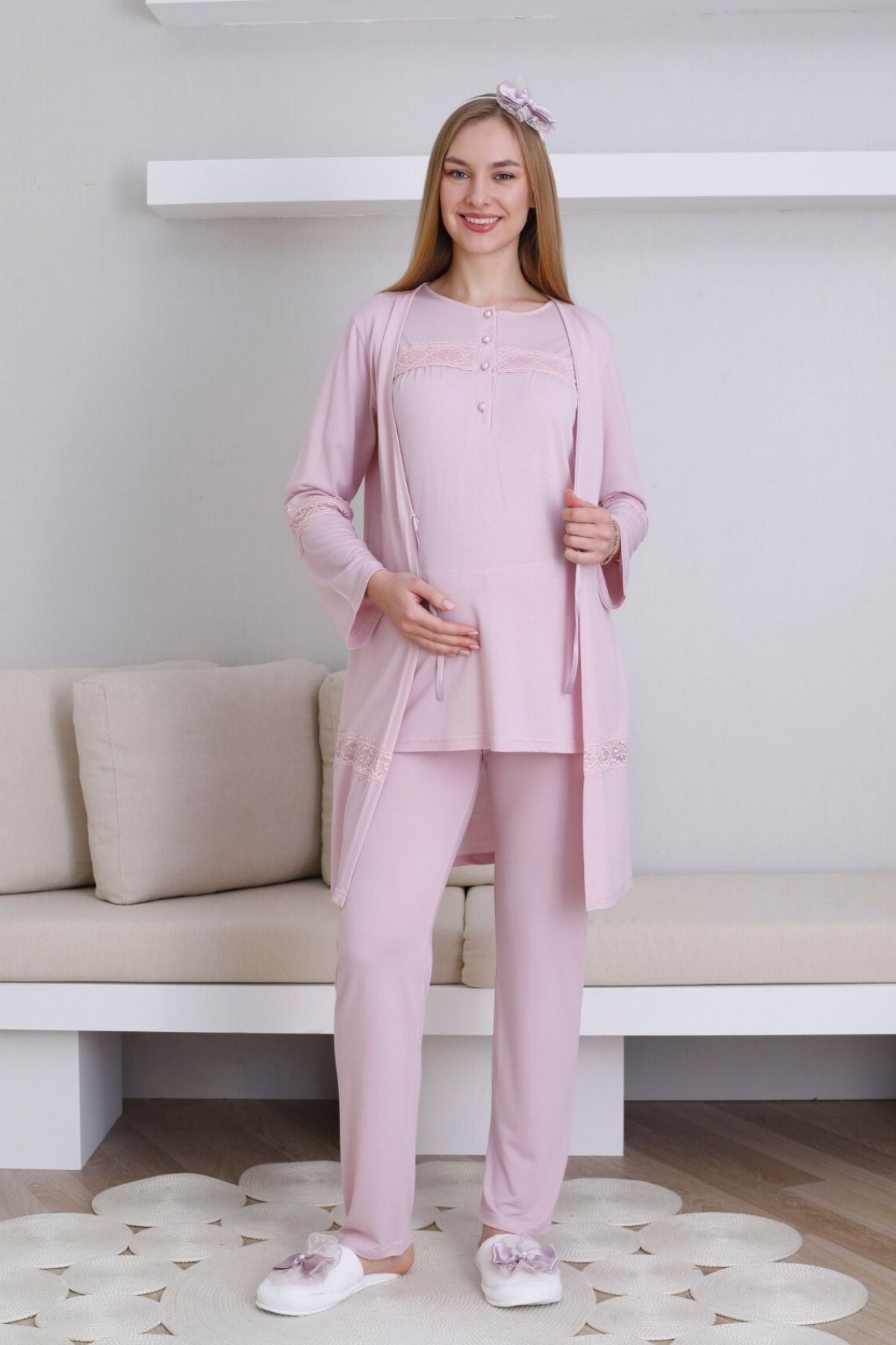 Lace Detailed 3-Piece Maternity-Nursing Pajama & Robe Set Powder - 3439