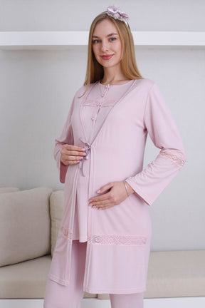 Lace Detailed 3-Piece Maternity-Nursing Pajama & Robe Set Powder - 3439