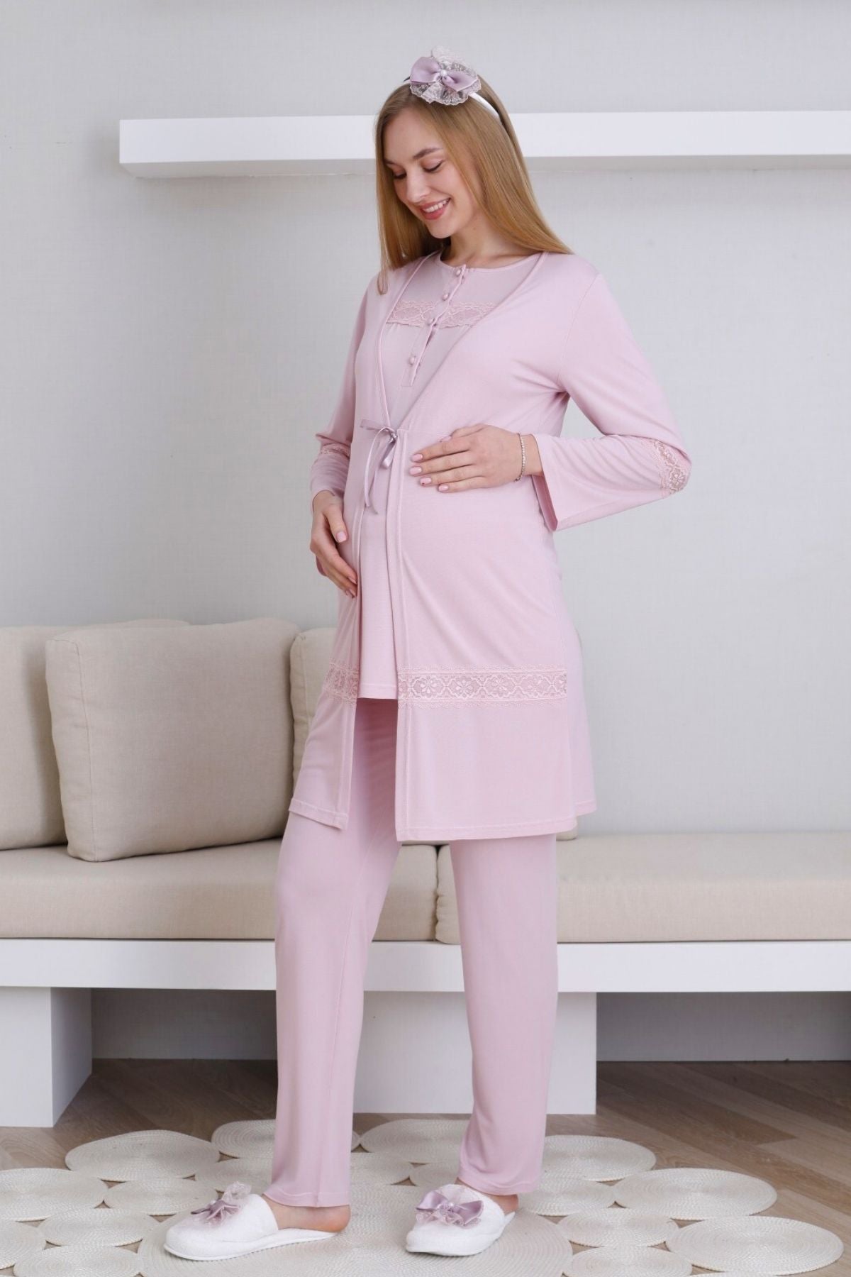 Lace Detailed 3-Piece Maternity-Nursing Pajama & Robe Set Powder - 3439