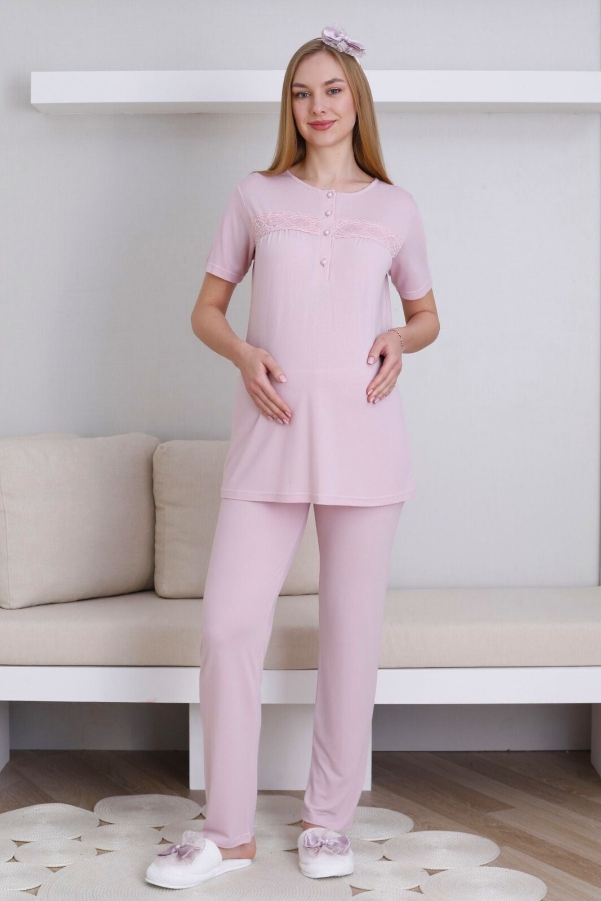 Lace Detailed 3-Piece Maternity-Nursing Pajama & Robe Set Powder - 3439