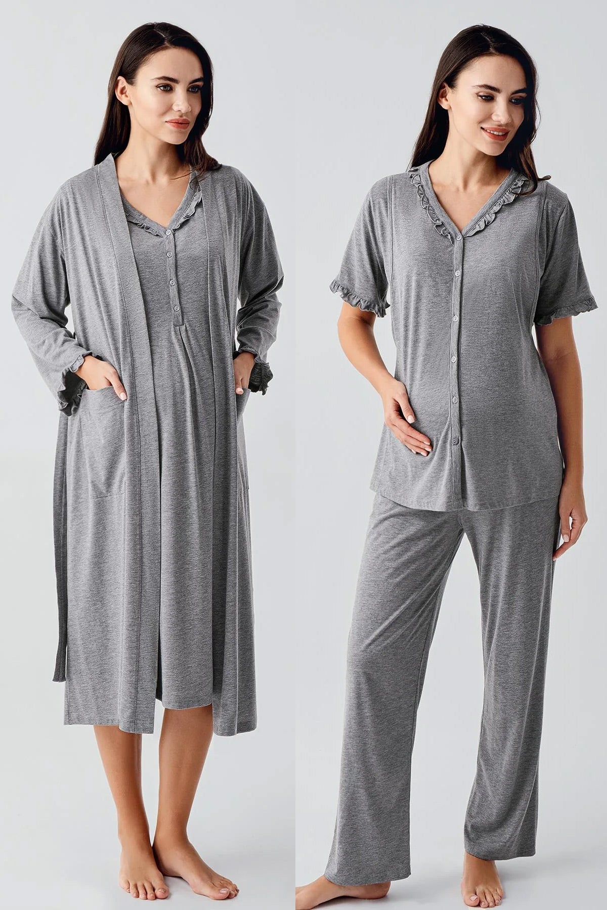 Pleated Double Breastfeeding 4-Piece Maternity-Nursing Set Grey - 400200