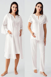 Embroidered Detailed 4-Piece Maternity-Nursing Set Ecru - 403203