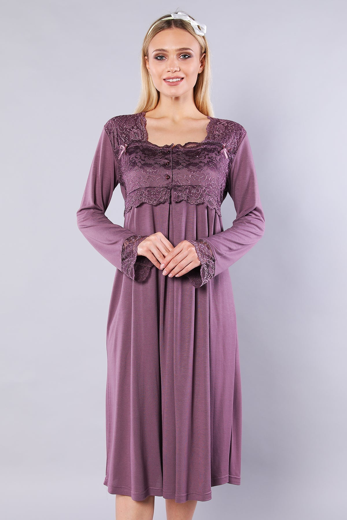 Lace Detailed Maternity & Nursing Nightgown Plum - 4082