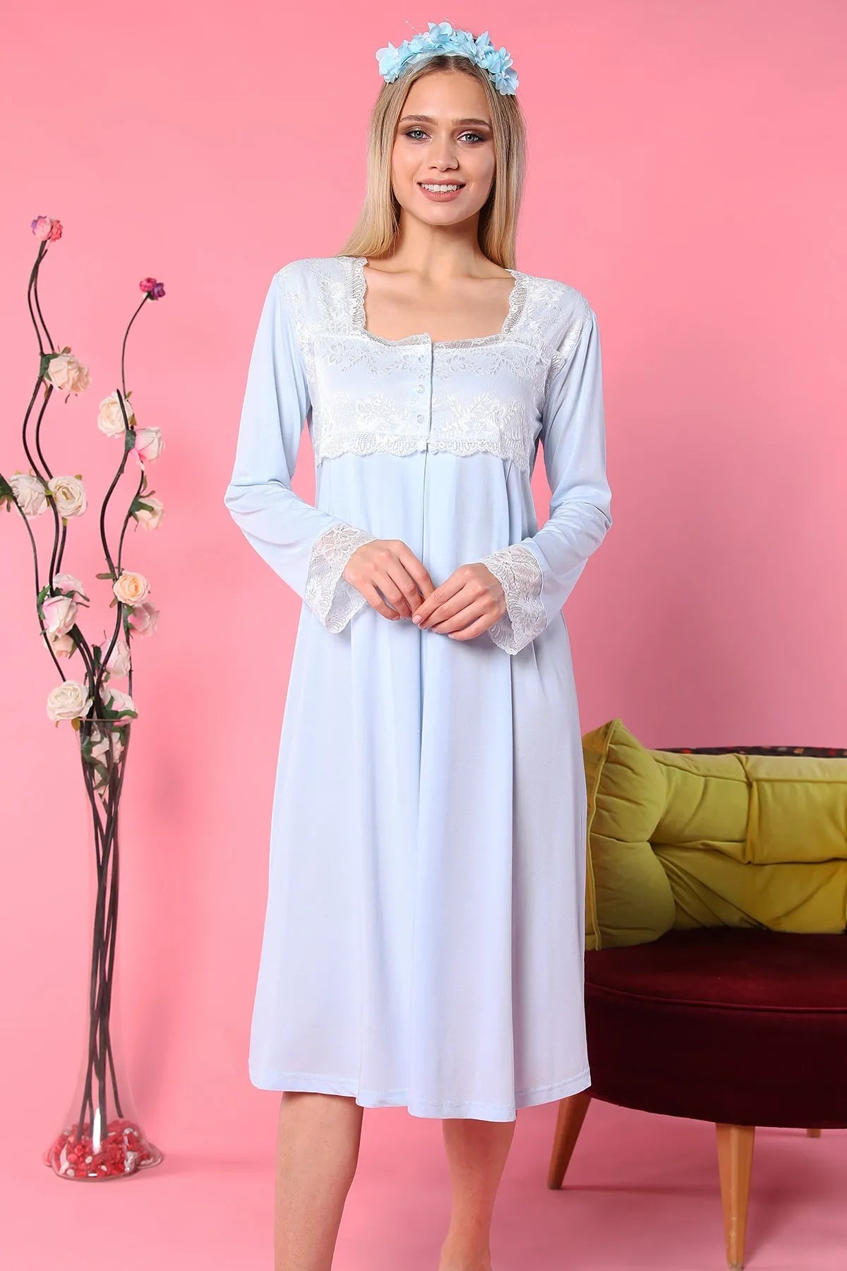 Lace Detailed Maternity & Nursing Nightgown Blue - 4082