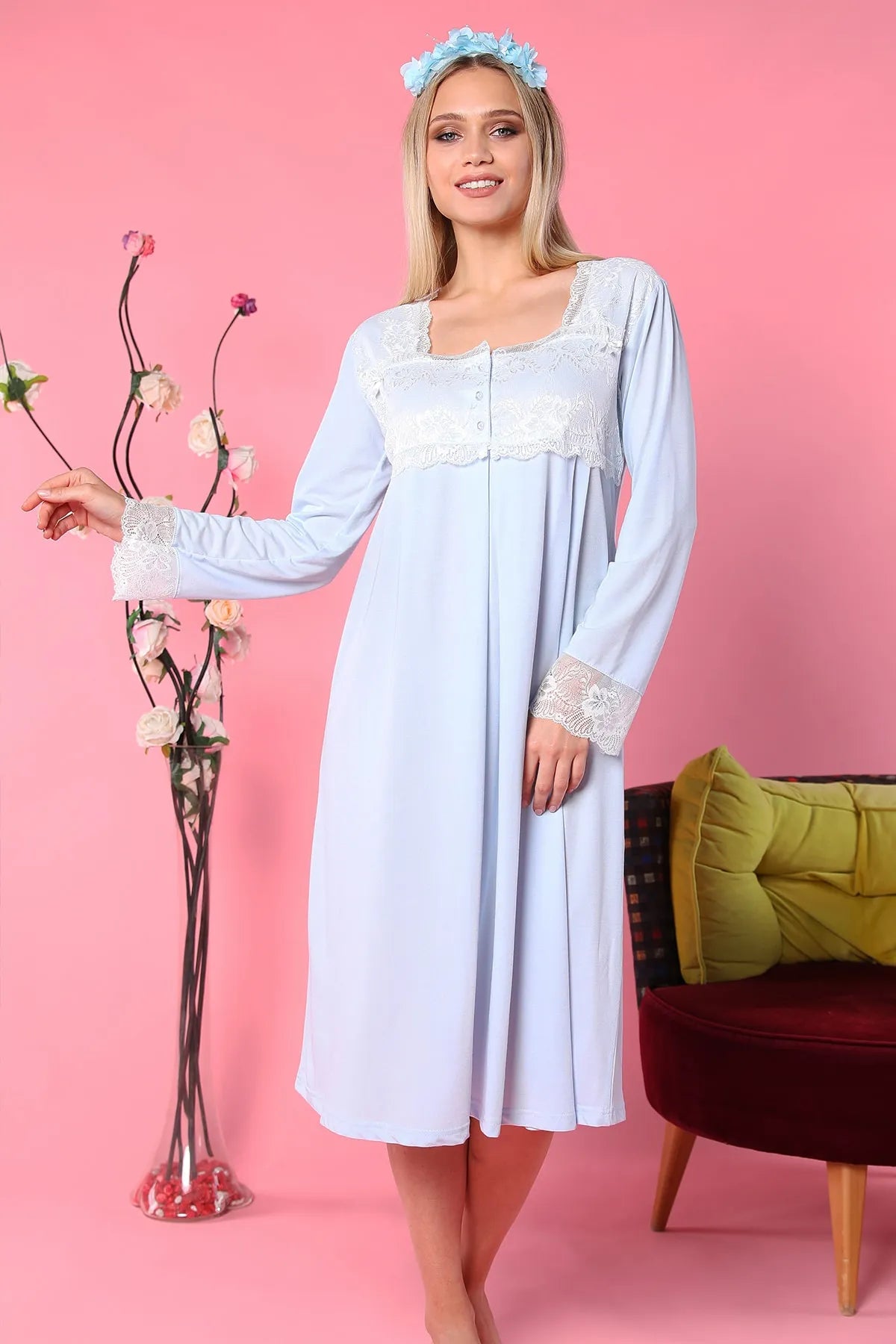 Lace Detailed Maternity & Nursing Nightgown Blue - 4082