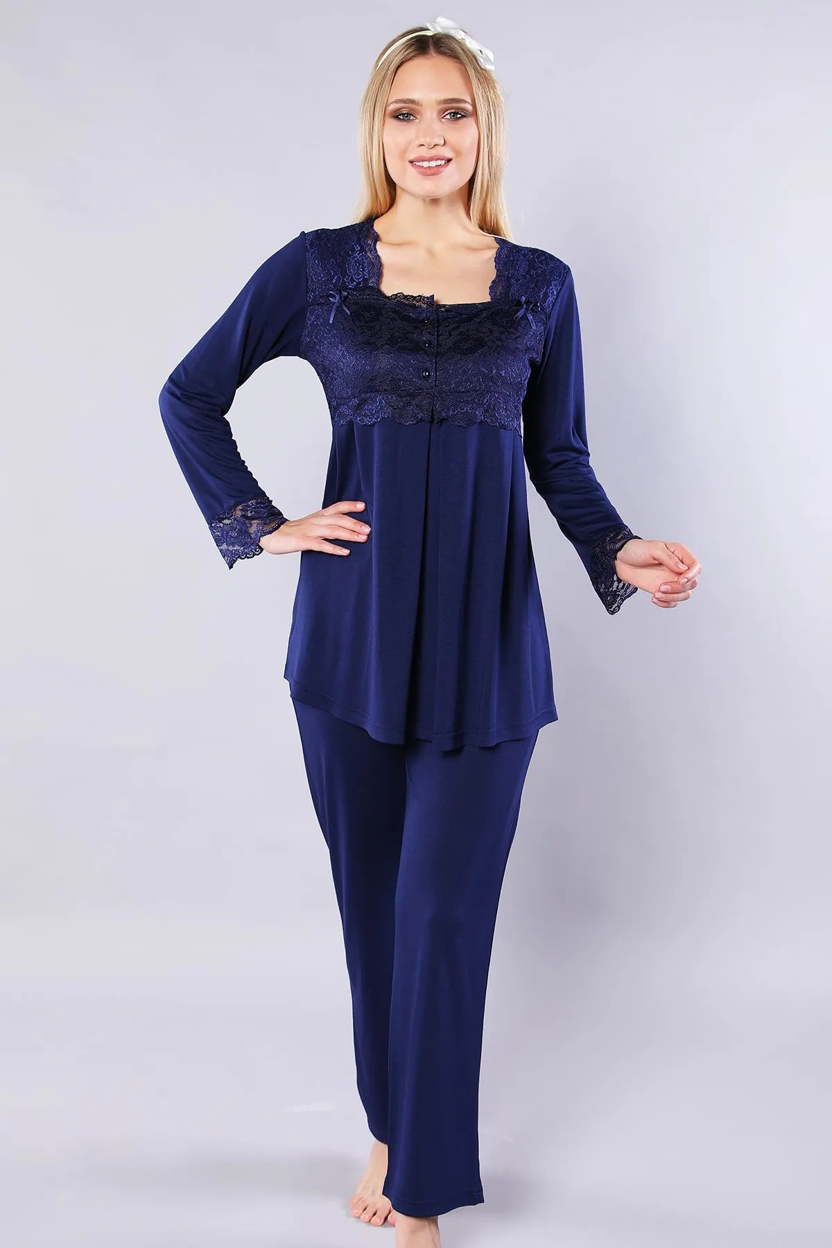 Lace Detailed Maternity & Nursing Pajamas Navy Blue - 4083