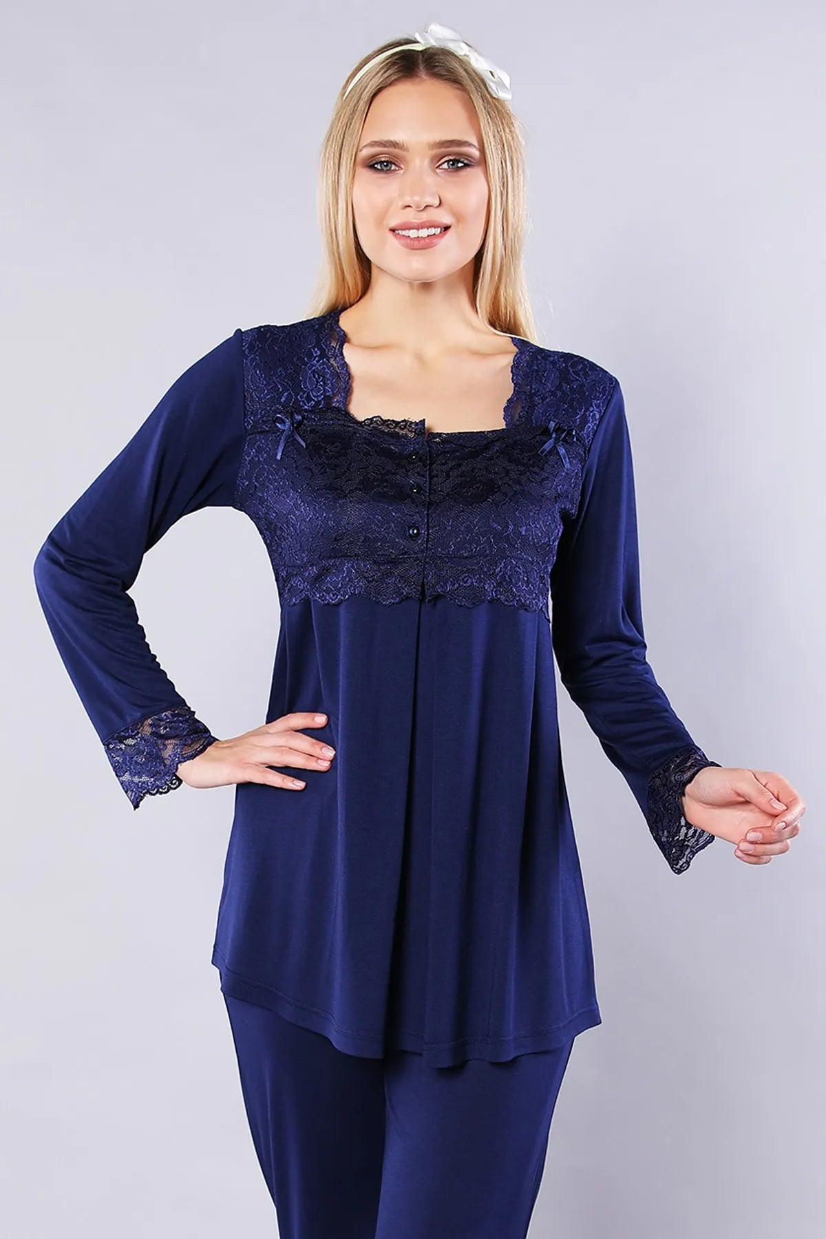 Lace Detailed Maternity & Nursing Pajamas Navy Blue - 4083