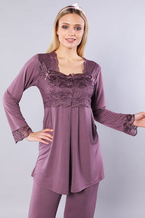 Lace Detailed Maternity & Nursing Pajamas Plum - 4083