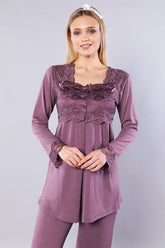 Lace Detailed Maternity & Nursing Pajamas Plum - 4083