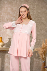 Lace Detailed Maternity & Nursing Pajamas Powder - 4083