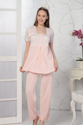 Lace Embroidered Maternity & Nursing Pajamas Powder - 4086