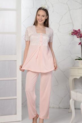 Lace Embroidered Maternity & Nursing Pajamas Powder - 4086