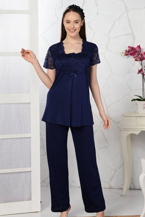 Lace Embroidered Maternity & Nursing Pajamas Navy Blue - 4086