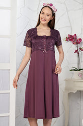 Lace Embroidered Maternity & Nursing Nightgown Plum - 4087