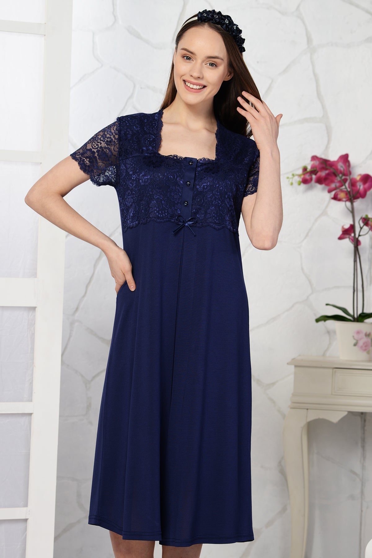 Lace Embroidered Maternity & Nursing Nightgown Navy Blue - 4087