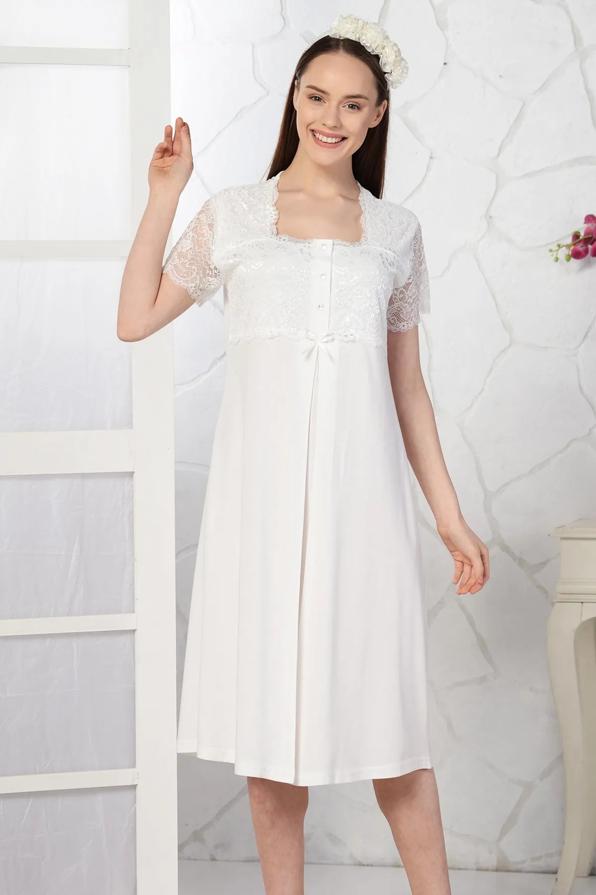 Lace Embroidered Maternity & Nursing Nightgown Ecru - 4087