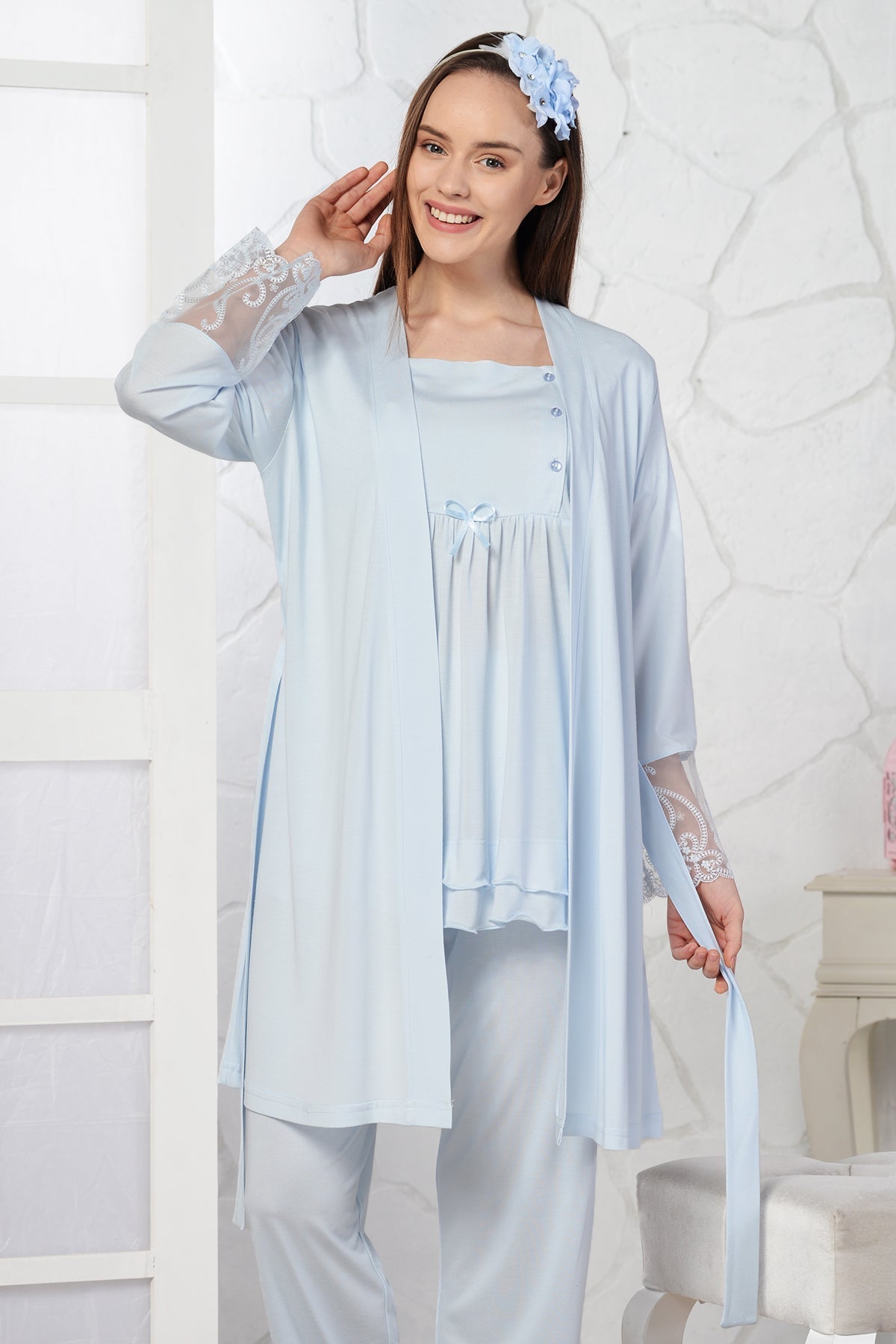 Lace Sleeve 3-Pieces Maternity & Nursing Pajamas With Robe Blue - 4093