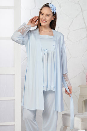 Lace Sleeve 3-Pieces Maternity & Nursing Pajamas With Robe Blue - 4093