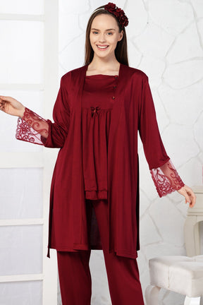 Lace Sleeve 3-Pieces Maternity & Nursing Pajamas With Robe Claret Red - 4093