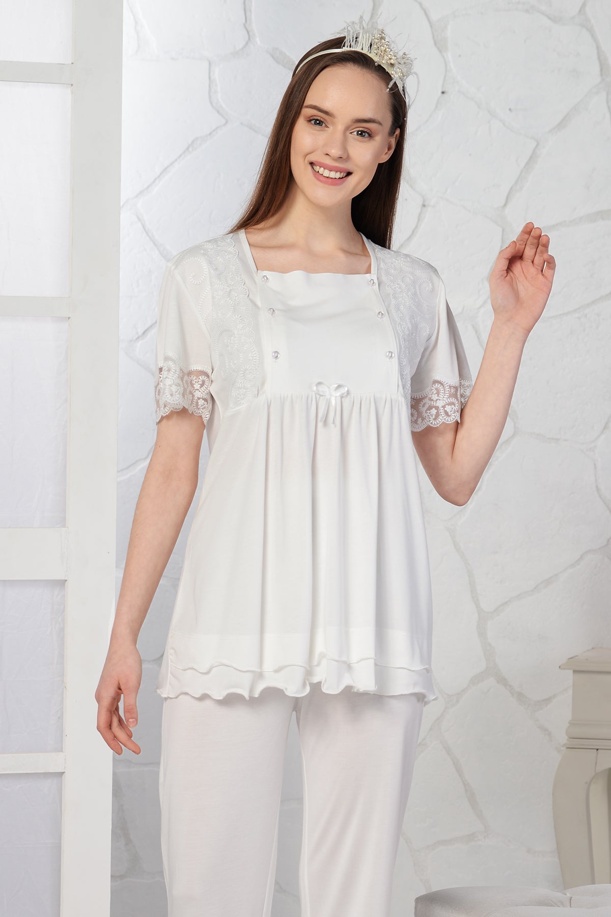 Lace Sleeve Maternity & Nursing Pajamas Ecru - 4096