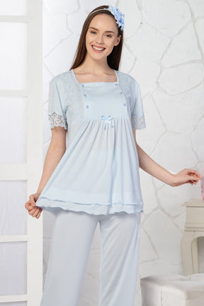 Lace Sleeve 3-Pieces Maternity & Nursing Pajamas With Robe Blue - 4093