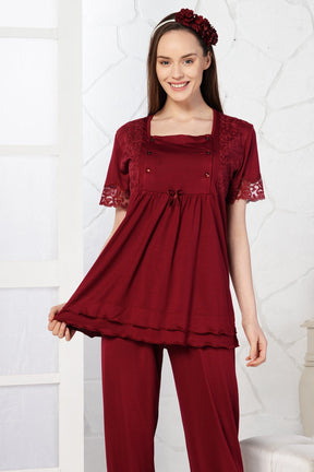 Lace Sleeve 3-Pieces Maternity & Nursing Pajamas With Robe Claret Red - 4093