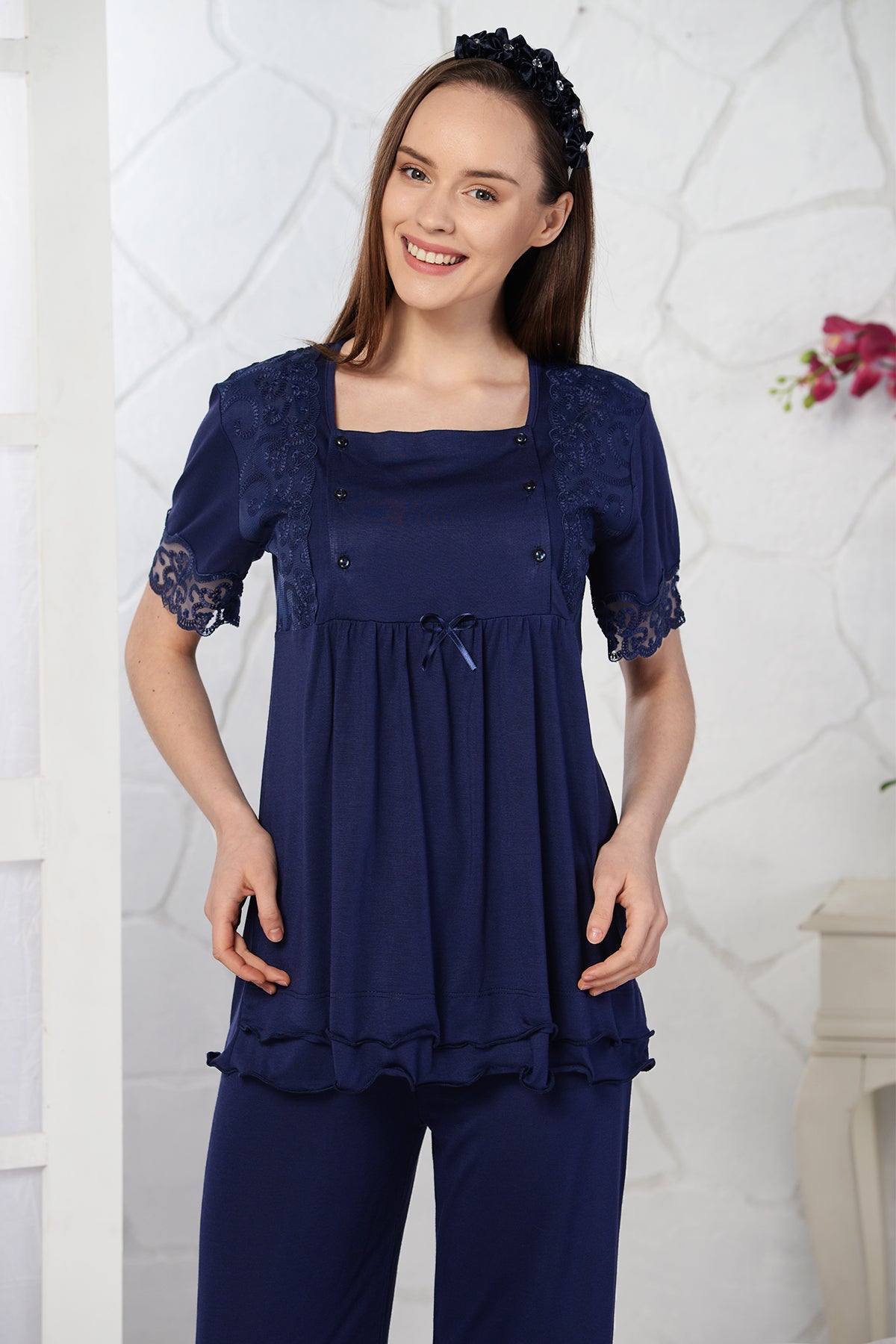 Lace Sleeve Maternity & Nursing Pajamas Navy Blue - 4096