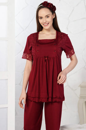 Lace Sleeve Maternity & Nursing Pajamas Claret Red - 4096