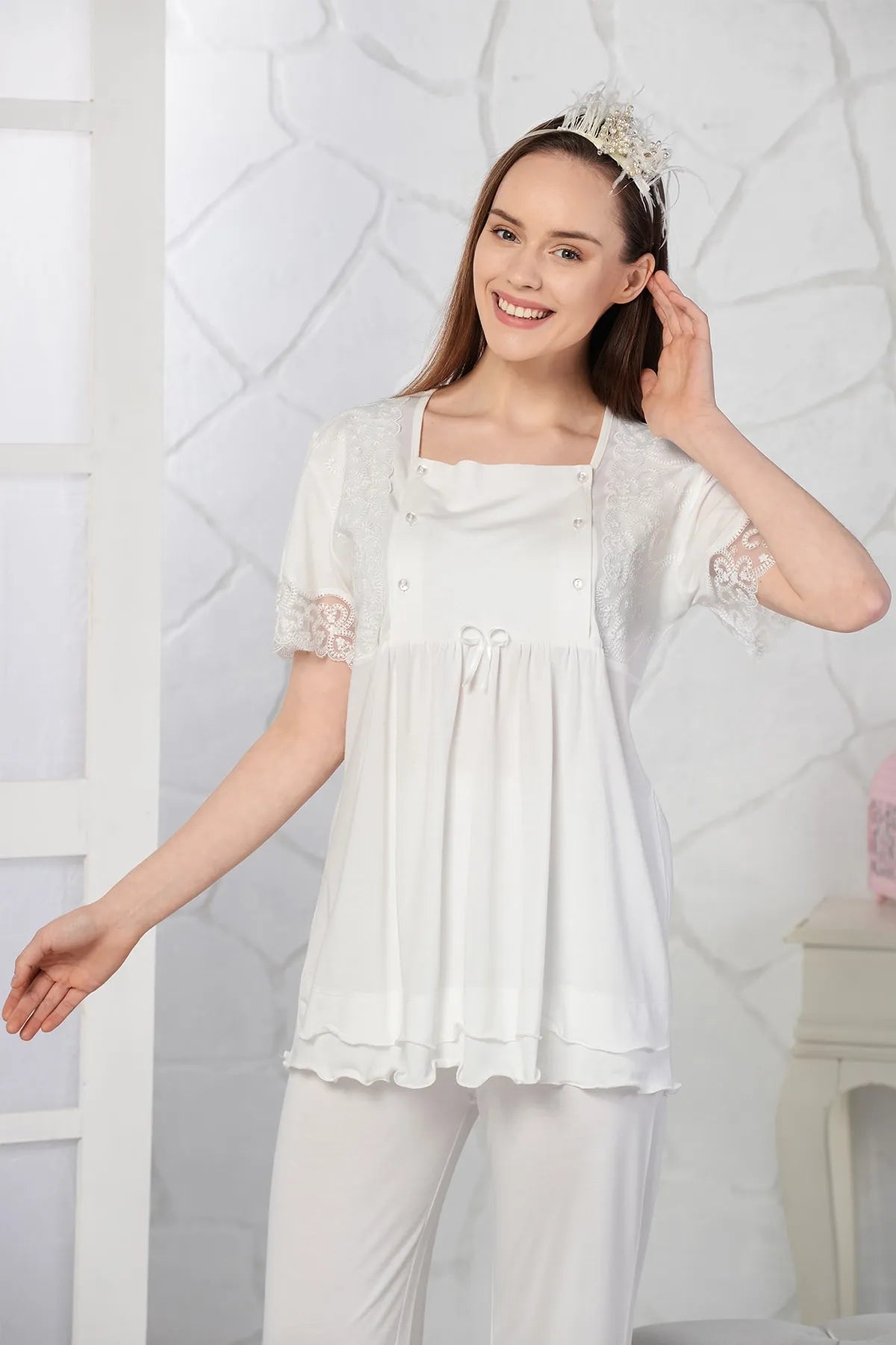 Lace Sleeve Maternity & Nursing Pajamas Ecru - 4096