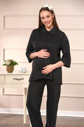 Shirt Collar Maternity & Nursing Pajamas Black - 4103