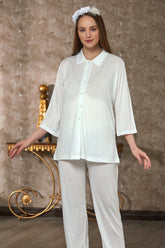 Shirt Collar Maternity & Nursing Pajamas Ecru - 4103