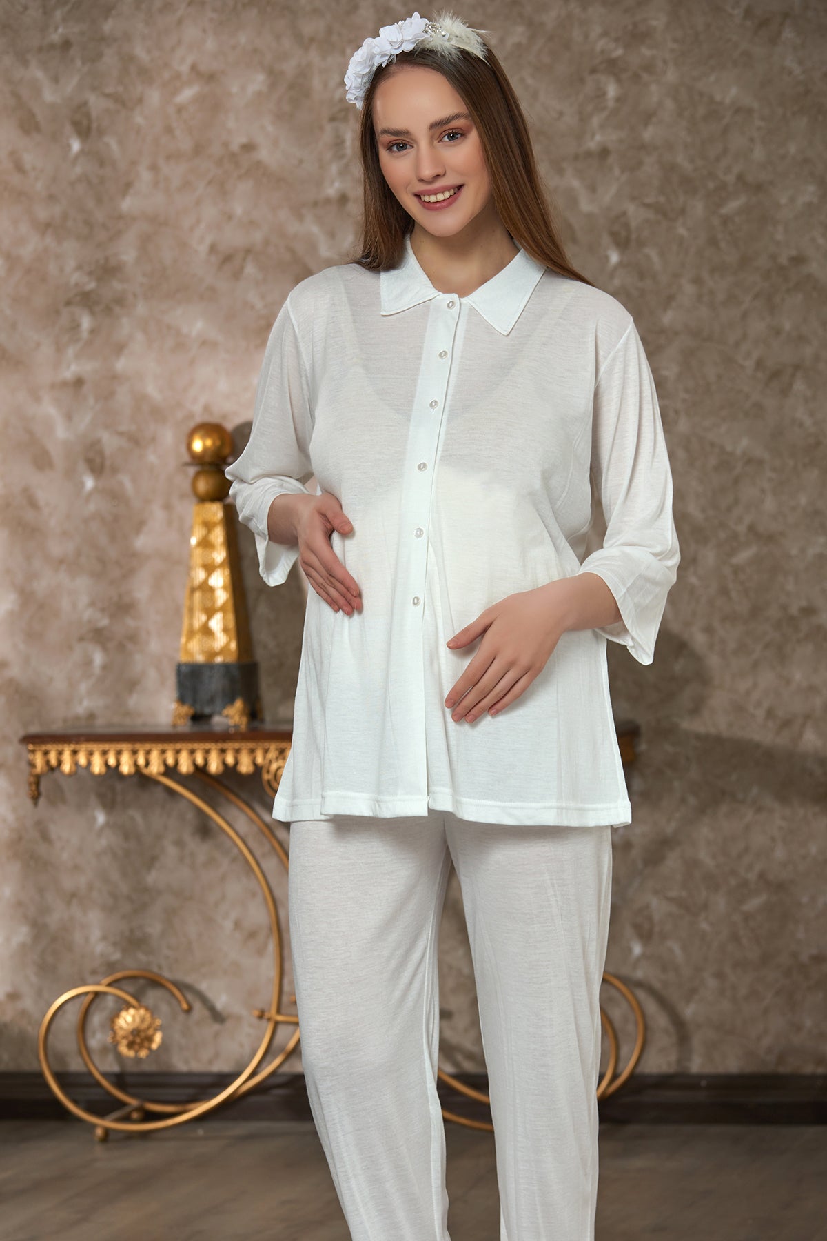 Shirt Collar Maternity & Nursing Pajamas Ecru - 4103