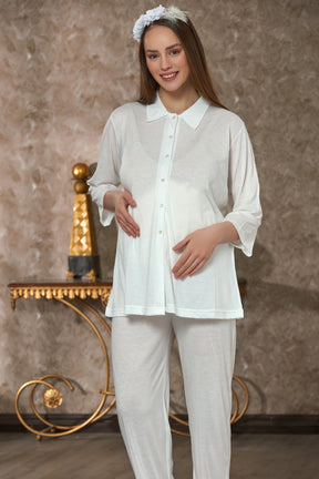 Shirt Collar Maternity & Nursing Pajamas Ecru - 4103