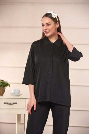 Shirt Collar Maternity & Nursing Pajamas Black - 4103