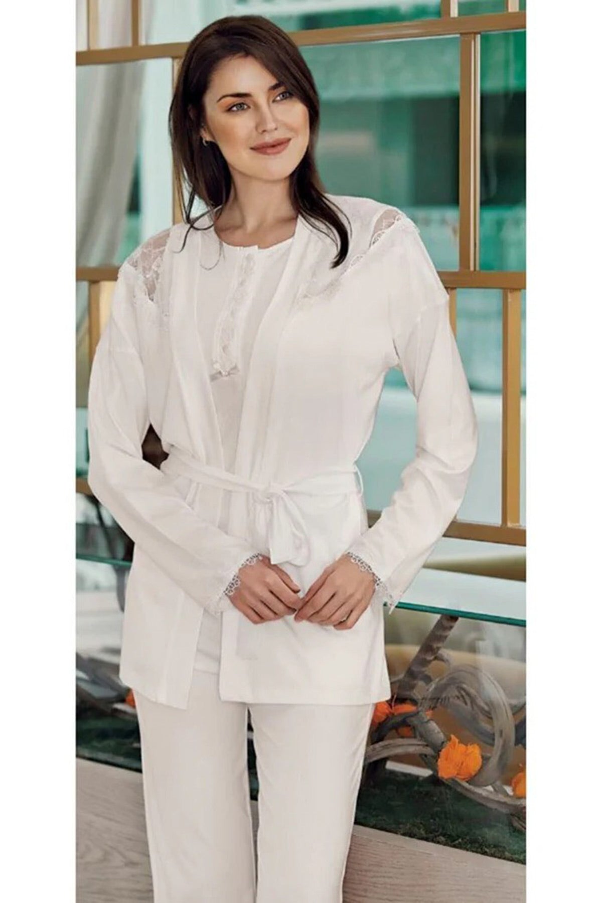 Lace Shoulder 3-Pieces Maternity & Nursing Pajamas With Robe - 4209