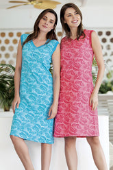 Cotton Patterned Women's Dress Blue - 4242