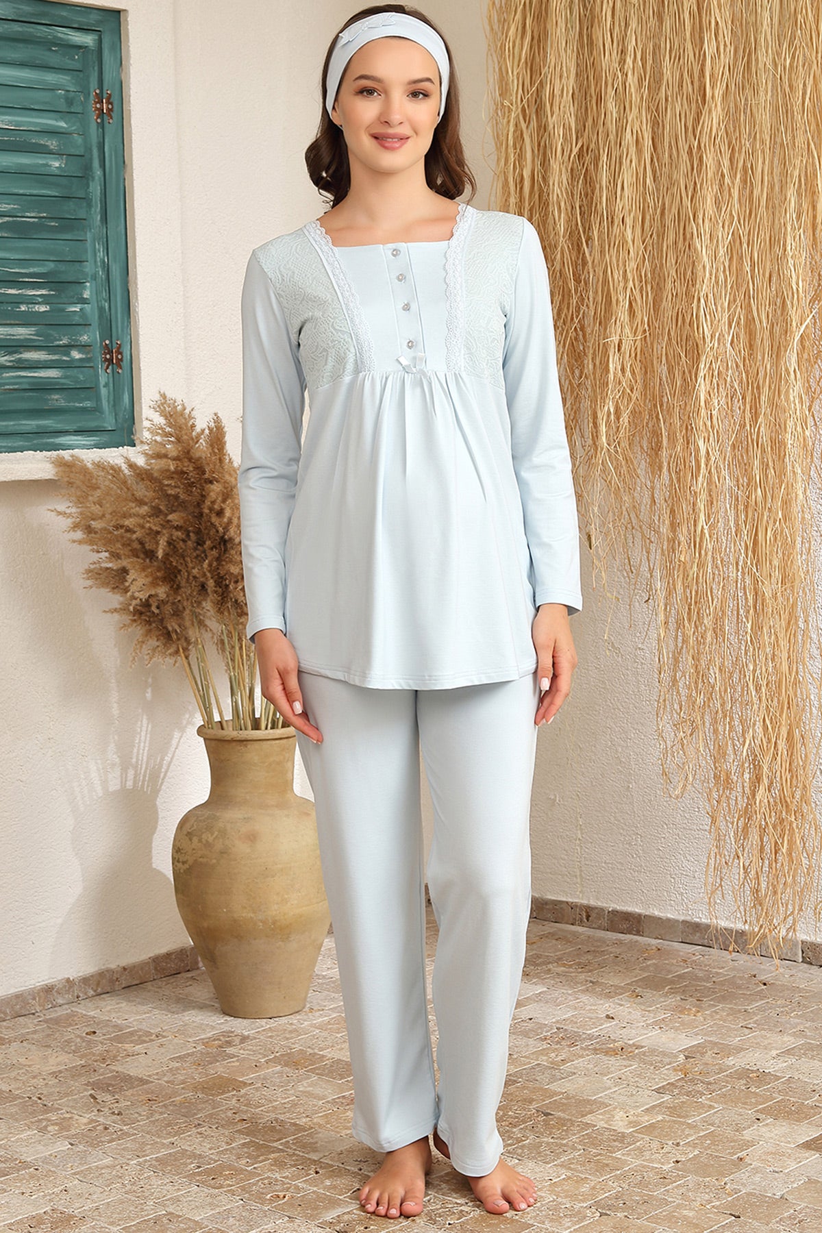 Lace 3-Pieces Maternity & Nursing Pajamas With Jacquard Robe Blue - 4412