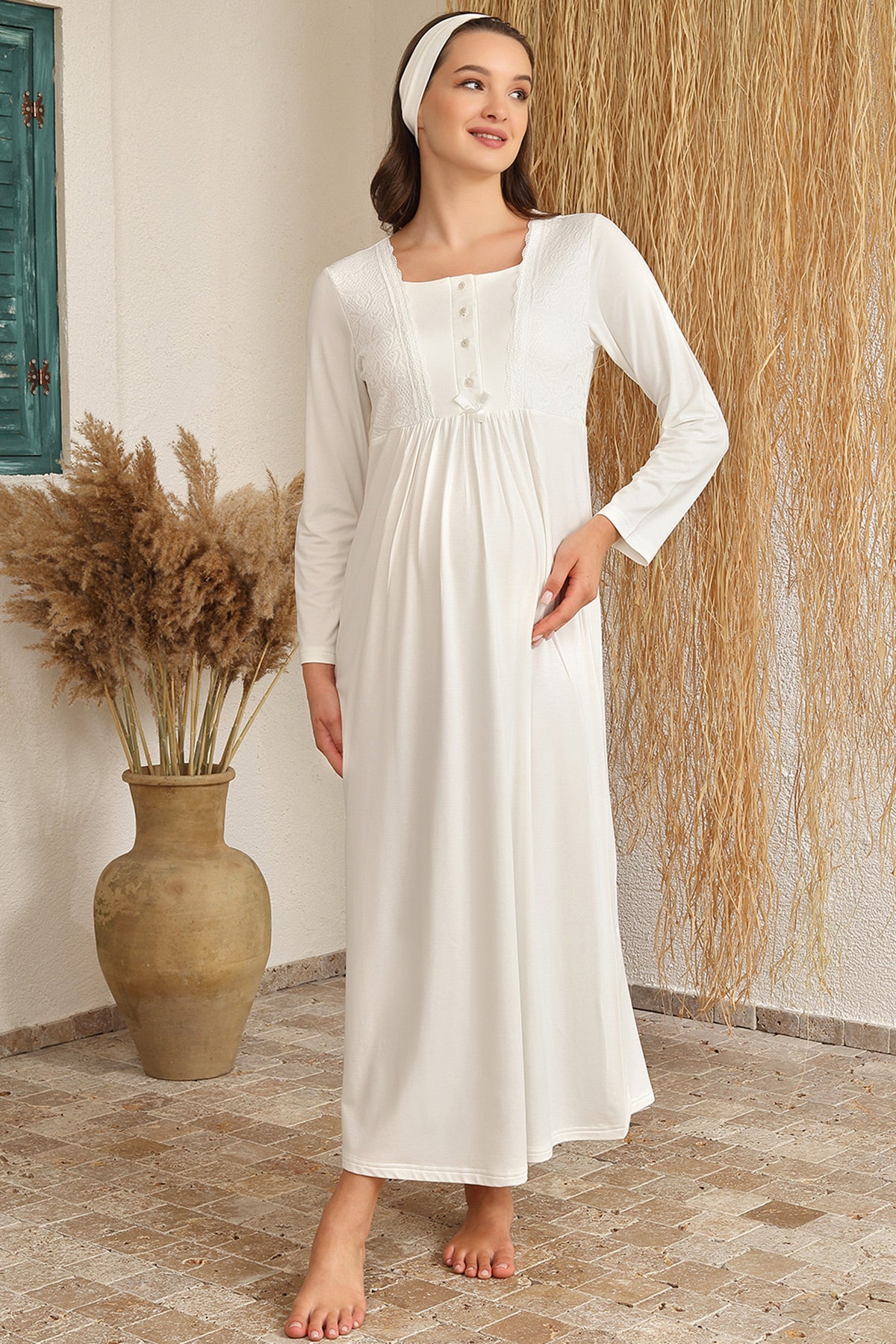 Lace Maternity & Nursing Nightgown With Jacquard Robe Ecru - 4413