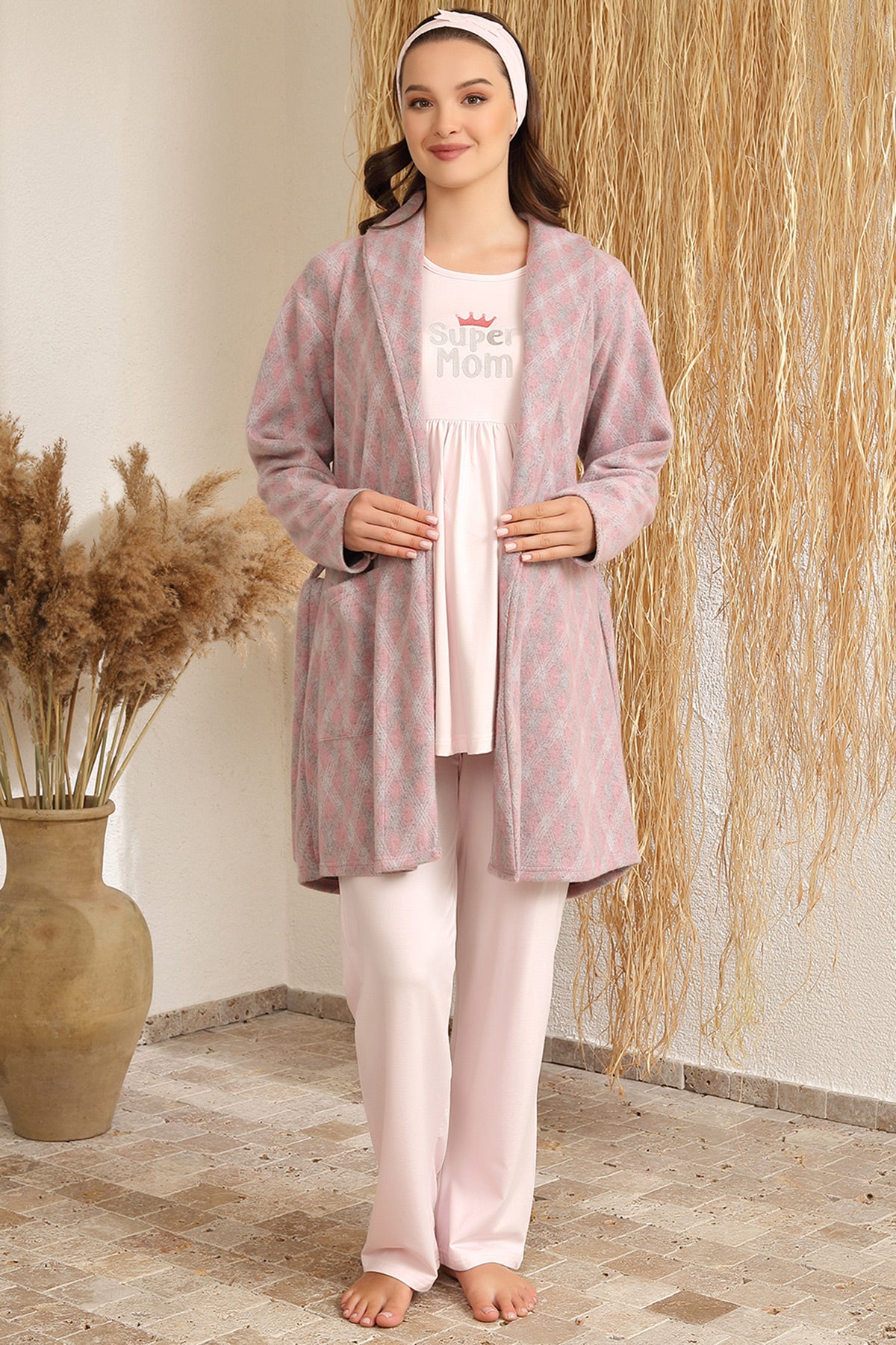 3-Pieces Maternity & Nursing Pajamas With Patterned Robe Pink - 4414