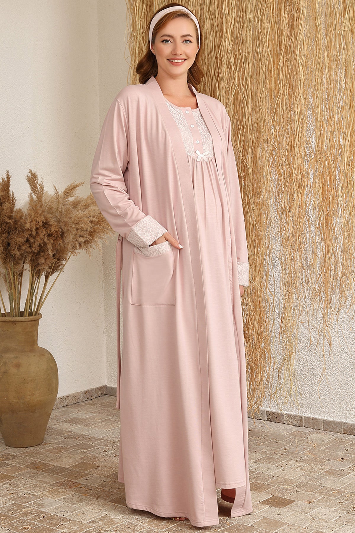 Lace Collar Maternity & Nursing Nightgown With Robe Powder - 4416