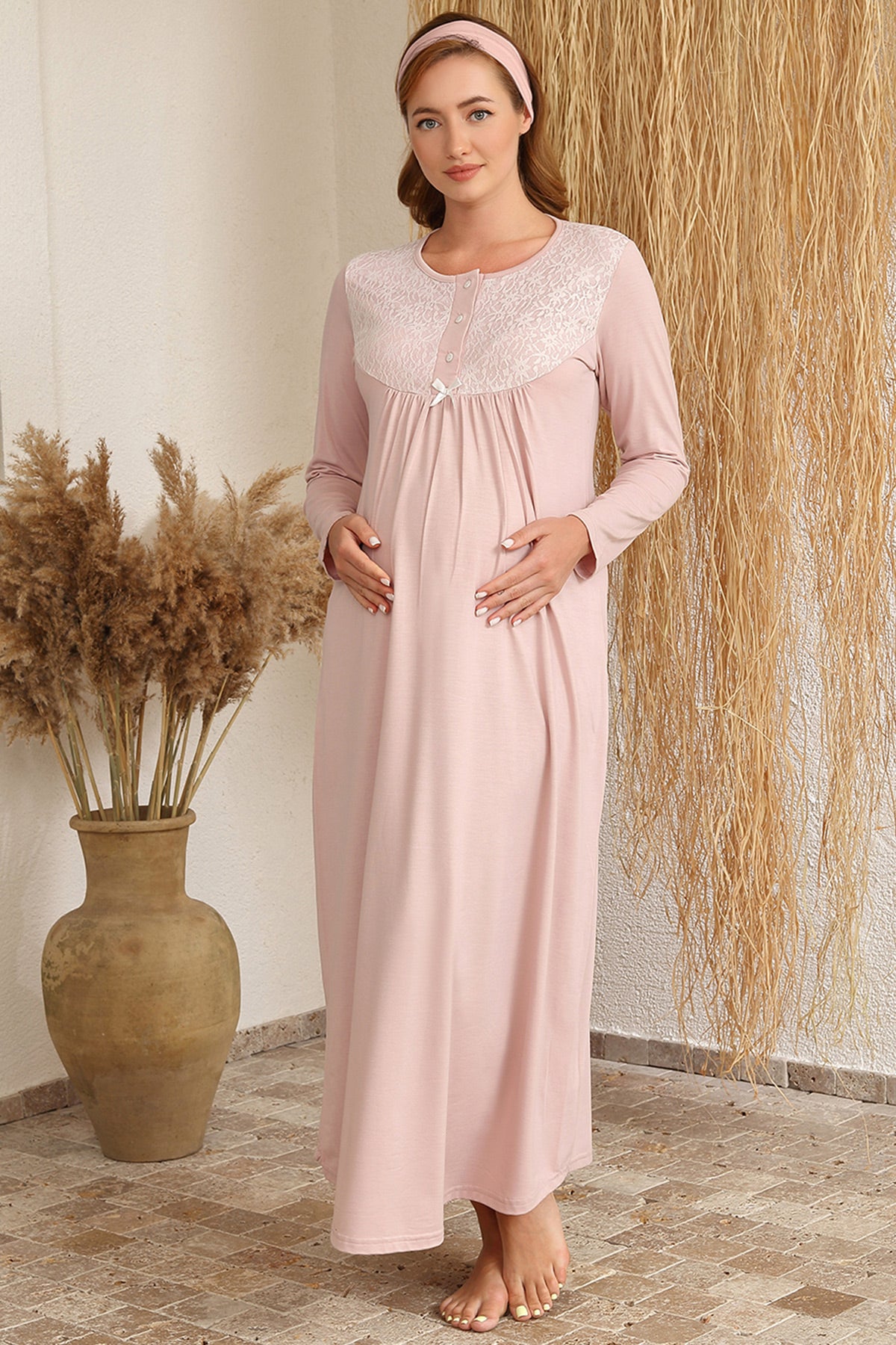 Lace Collar Maternity & Nursing Nightgown With Robe Powder - 4416