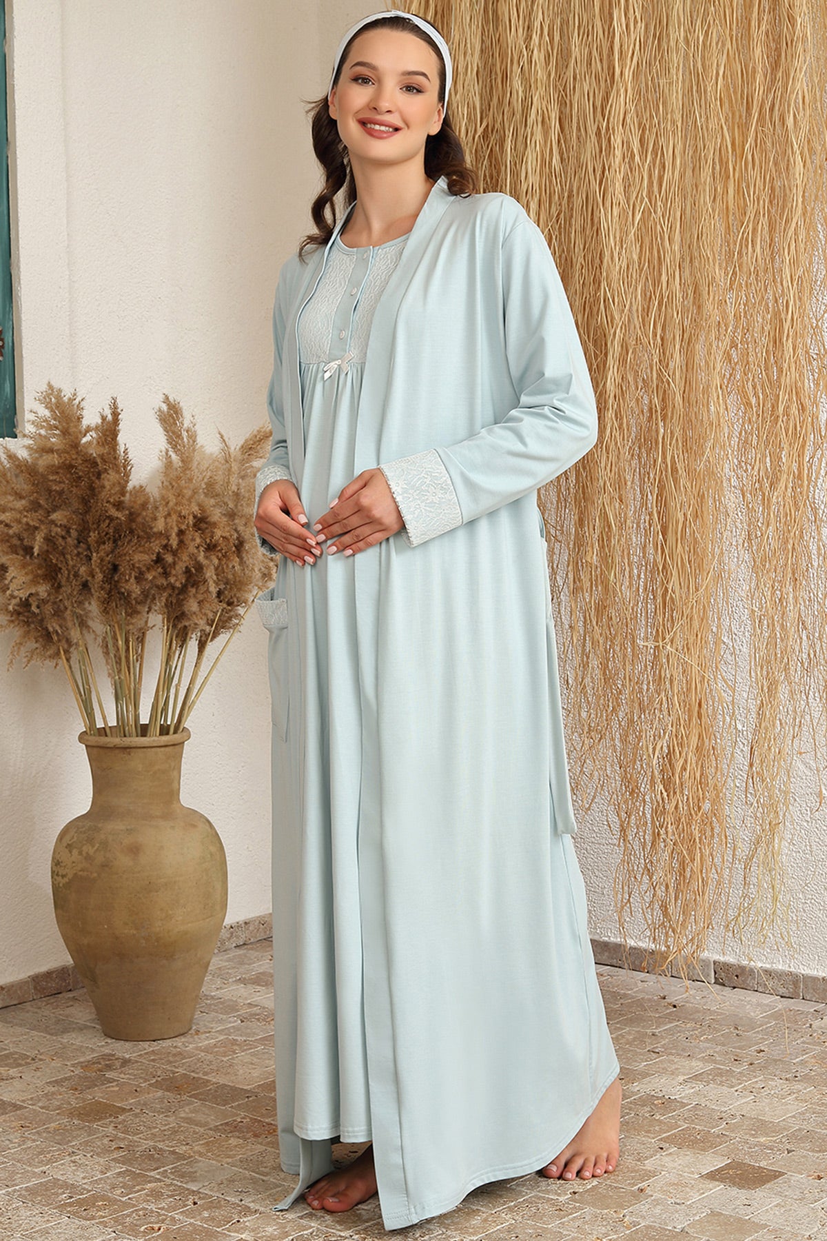 Lace Collar Maternity & Nursing Nightgown With Robe Mint - 4416