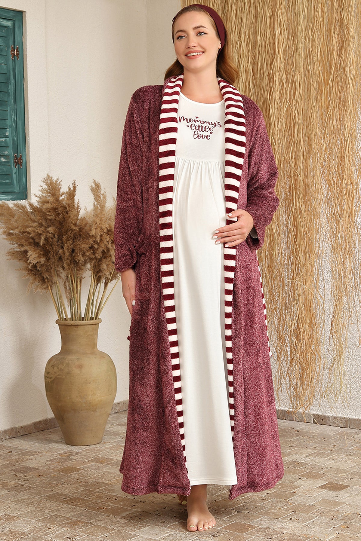 Little Love Maternity & Nursing Nightgown With Plush Robe Claret Red - 4420