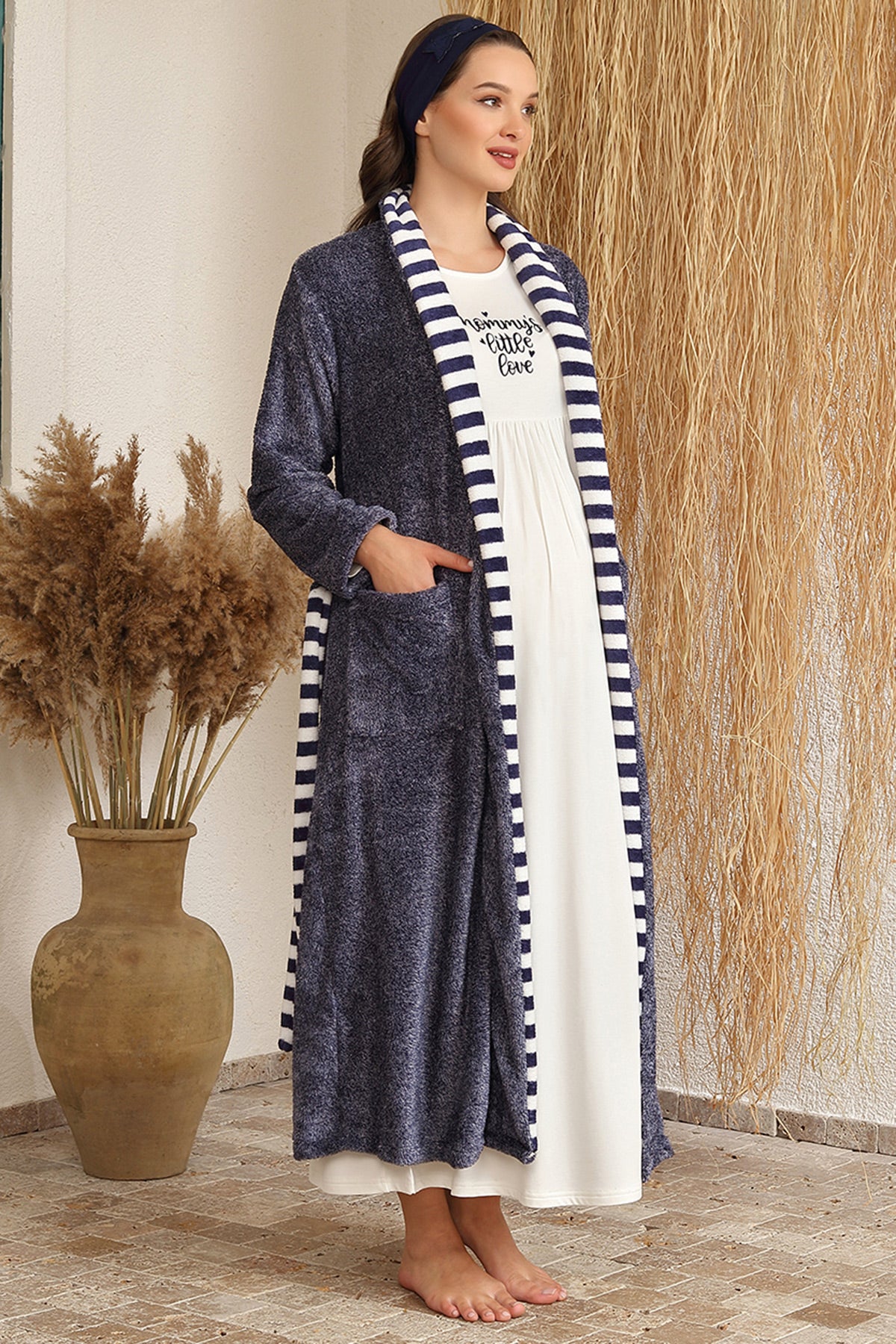Little Love Maternity & Nursing Nightgown With Plush Robe Navy Blue - 4420