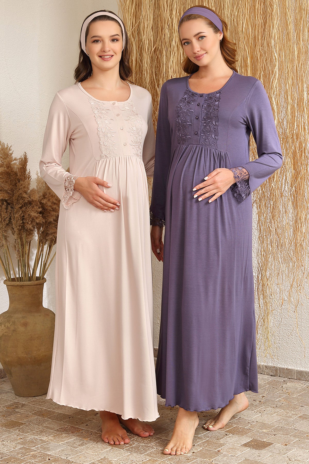Lace Sleeve Maternity & Nursing Nightgown - 4426