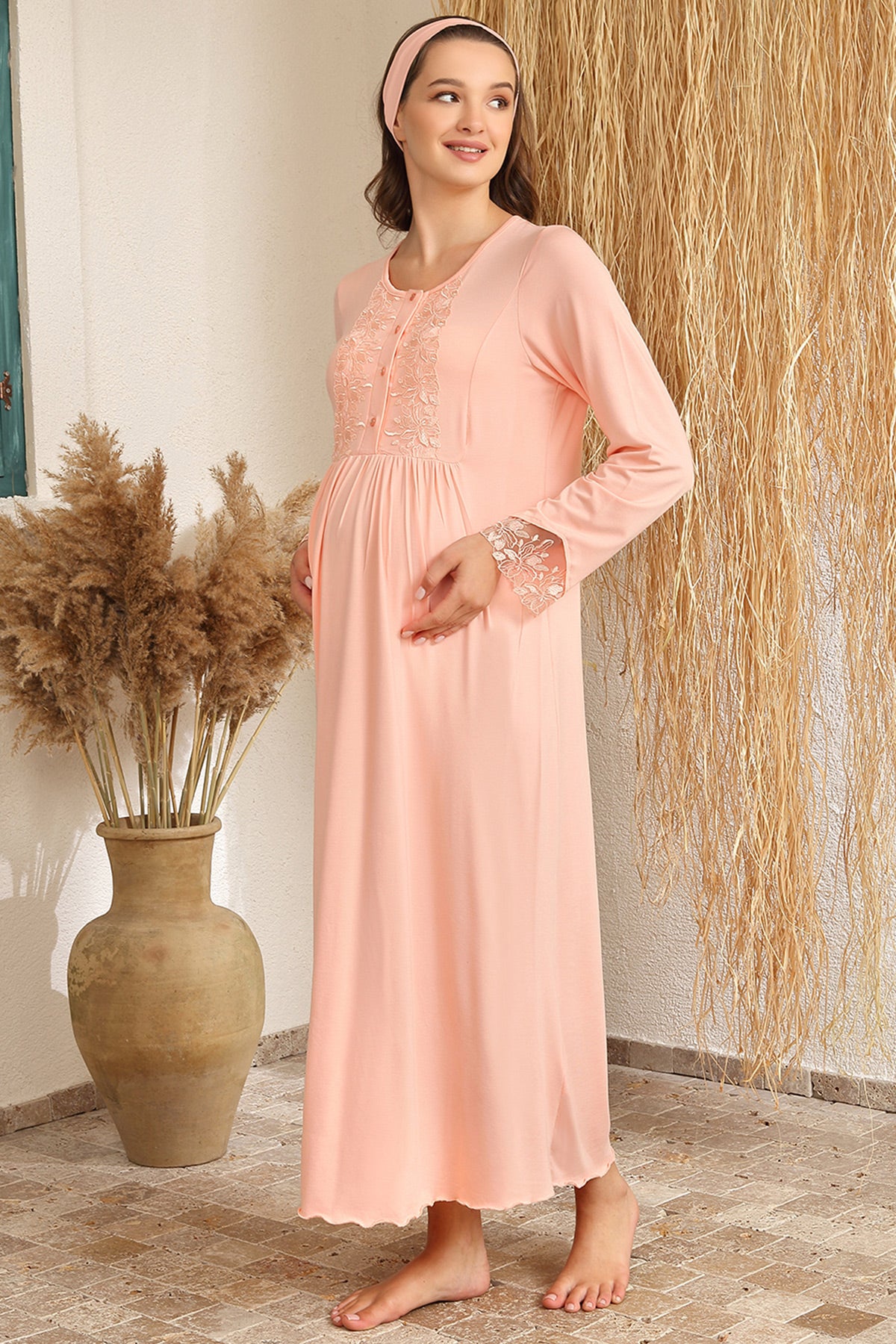 Lace Sleeve Maternity & Nursing Nightgown Salmon - 4426