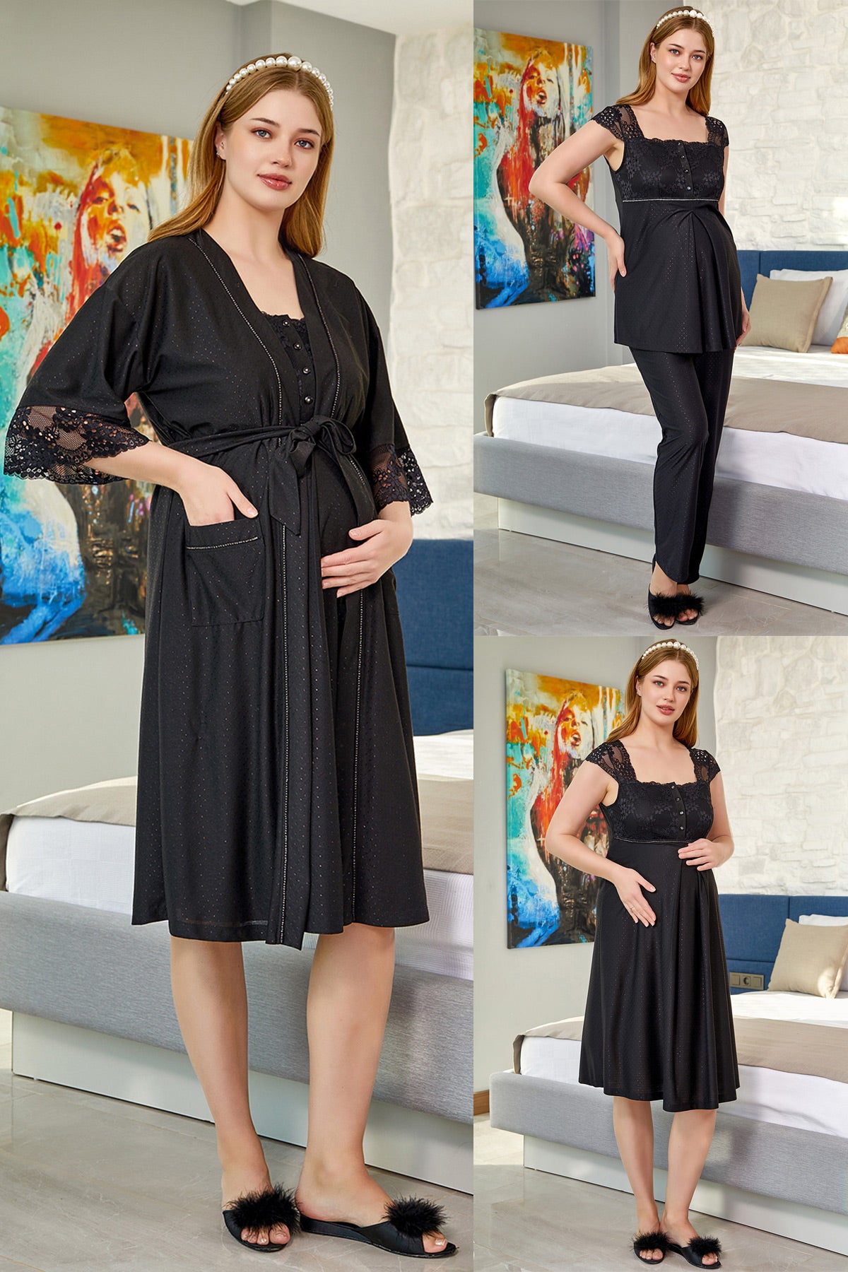 Flower Lacy 4 Pieces Maternity & Nursing Set Black - 443443