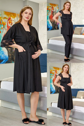 Flower Lacy 4 Pieces Maternity & Nursing Set Black - 443443